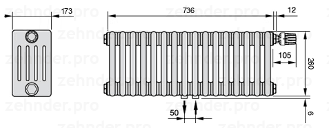 Схема (чертеж) Радиатор Zehnder Charleston 5026/16 №V008 Белый глянцевый RAL 9016